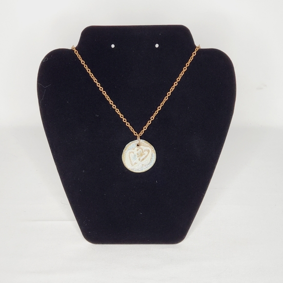 Vintage Artisan Double Heart Print Ceramic Necklace with Copper Coloured Chain - Picture 2 of 7